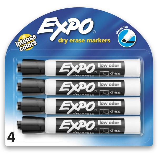 EXPO Low-Odor Dry-Erase Markers, Chisel Point, Black, Pack Of 4